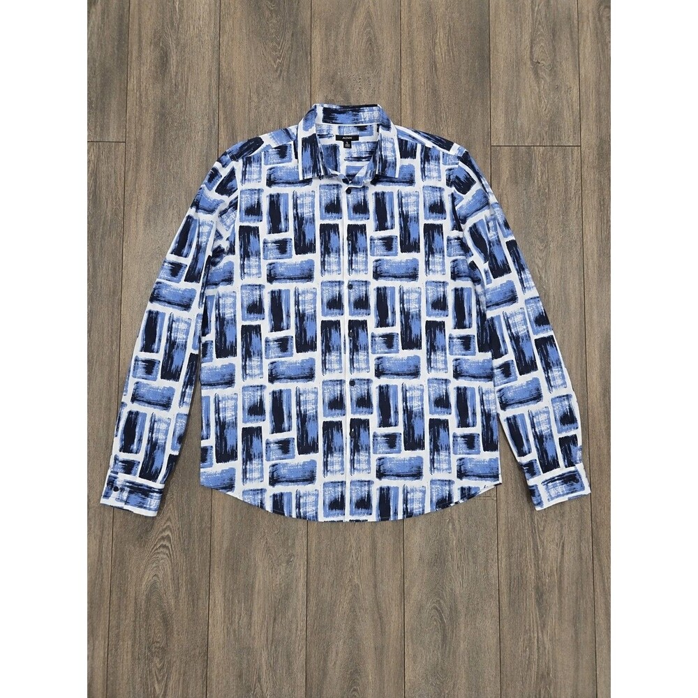 Alfani Men's XL Blue White Abstract Brushstroke Cotton Long Sleeve Button Shirt